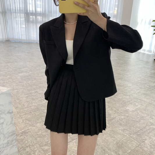 New Korean Style Chic Short Small Suit Jacket Female  High Waist Slim Pleated Skirt Half-Length Skirt