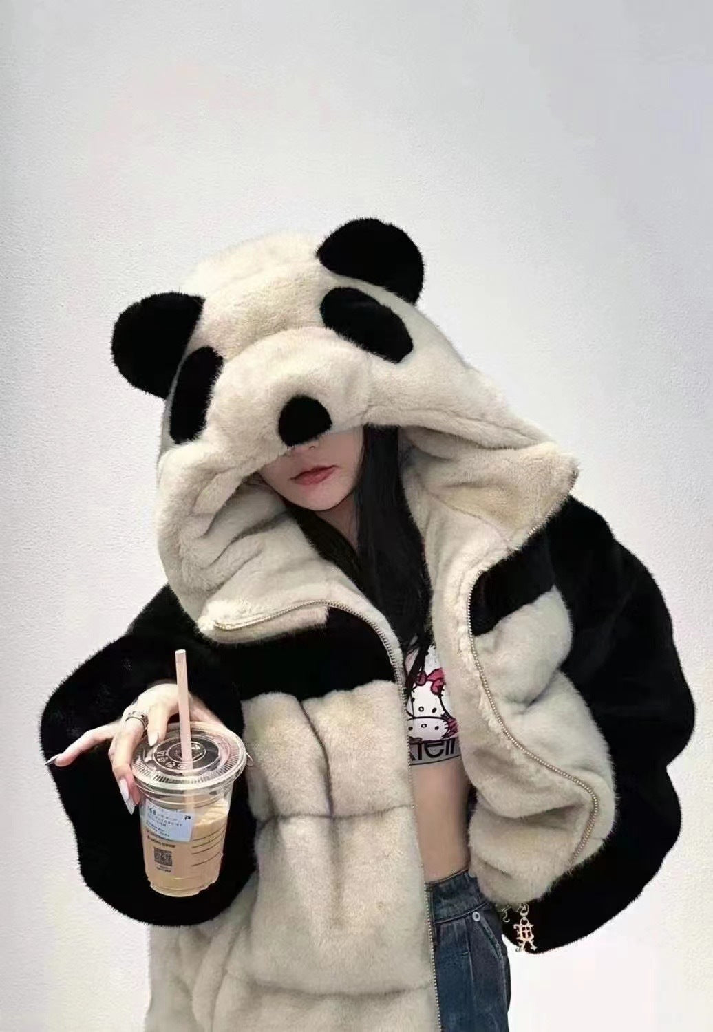 Retro Loose Youthful-looking Handmade Old Panda Hooded Down Jacket Coat For Women