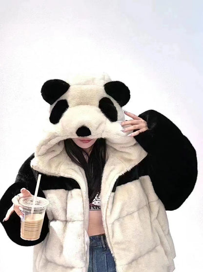 Retro Loose Youthful-looking Handmade Old Panda Hooded Down Jacket Coat For Women