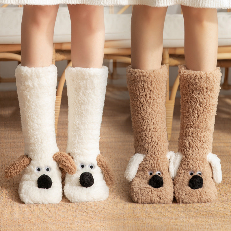 ⭐ Cute Cartoon Dog Winter Warm Plush Floor Socks – Non-Slip Cozy Indoor Socks for Women, Soft Fleece Lining, Perfect for Cold Weather Comfort ⭐