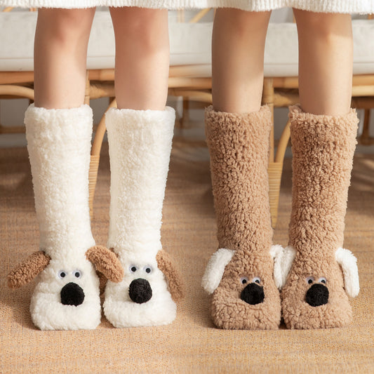 ⭐ Cute Cartoon Dog Winter Warm Plush Floor Socks – Non-Slip Cozy Indoor Socks for Women, Soft Fleece Lining, Perfect for Cold Weather Comfort ⭐