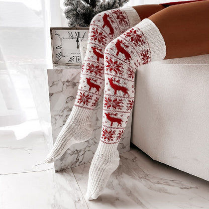 Winter Christmas Knitted Over-the-Knee Socks 🎄, Women’s Snowflake & Elk Design Long Stockings ❄️, Warm Casual Jacquard Socks for Ladies Gifts 🎁, Free Size