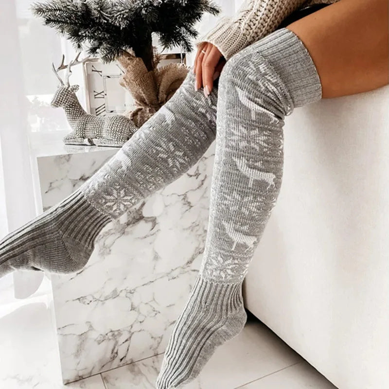 Winter Christmas Knitted Over-the-Knee Socks 🎄, Women’s Snowflake & Elk Design Long Stockings ❄️, Warm Casual Jacquard Socks for Ladies Gifts 🎁, Free Size