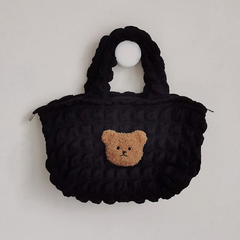 Plush Three-dimensional Teddy Bear Head Puffer Plaid Handbag