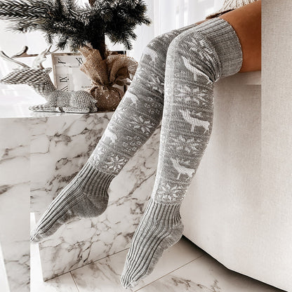 Winter Christmas Knitted Over-the-Knee Socks 🎄, Women’s Snowflake & Elk Design Long Stockings ❄️, Warm Casual Jacquard Socks for Ladies Gifts 🎁, Free Size