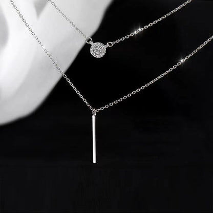 S925 Silver Color Double Chain Long Stick Micro Pave Zircon Round Pendant Necklaces For Women Trendy Jewelry