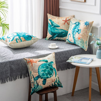 🐢 Cushion Covers with Sea Turtle Print 🌊 – Decorative Throw Pillow Cases for Sofa, Chair, Bed & Home Décor – Durable & Stylish Cotton-Linen Blend 🛋️ – Perfect for Coastal and Nautical Themes