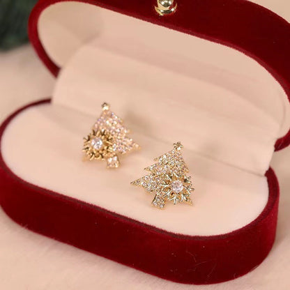 Rotatable Christmas Tree Earrings – Shiny Rhinestone Snowflake Stud Earring for New Year, Xmas, and Winter Festival Gifts 🎄✨