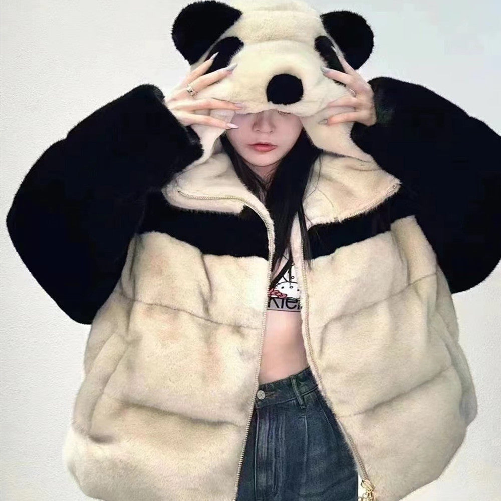 Retro Loose Youthful-looking Handmade Old Panda Hooded Down Jacket Coat For Women