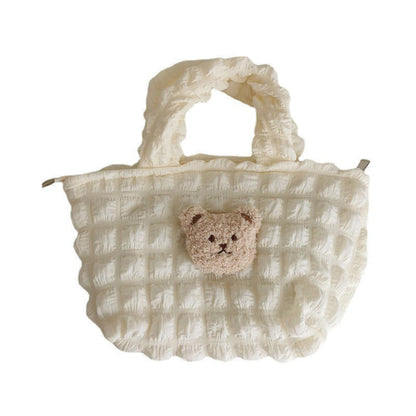 Plush Three-dimensional Teddy Bear Head Puffer Plaid Handbag