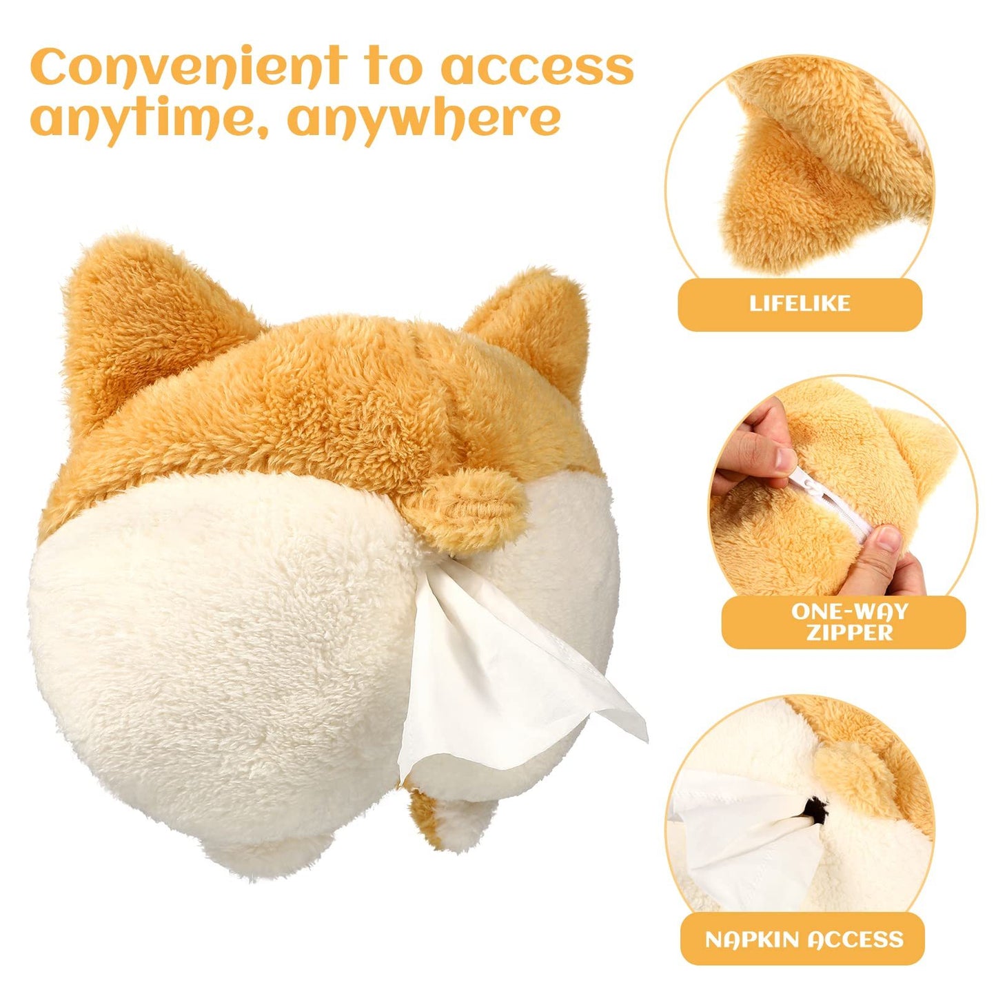 Tissue Box Cover Soft Adorable Corgi Butt Shaped Creative Storage Bag Hanging Pouch Tissue Box Wrapper For Car Home