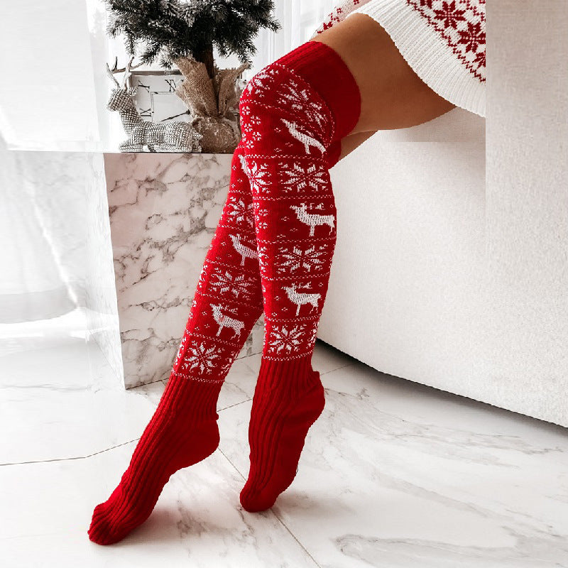 Winter Christmas Knitted Over-the-Knee Socks 🎄, Women’s Snowflake & Elk Design Long Stockings ❄️, Warm Casual Jacquard Socks for Ladies Gifts 🎁, Free Size