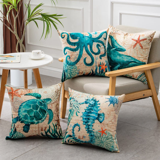 🐢 Cushion Covers with Sea Turtle Print 🌊 – Decorative Throw Pillow Cases for Sofa, Chair, Bed & Home Décor – Durable & Stylish Cotton-Linen Blend 🛋️ – Perfect for Coastal and Nautical Themes