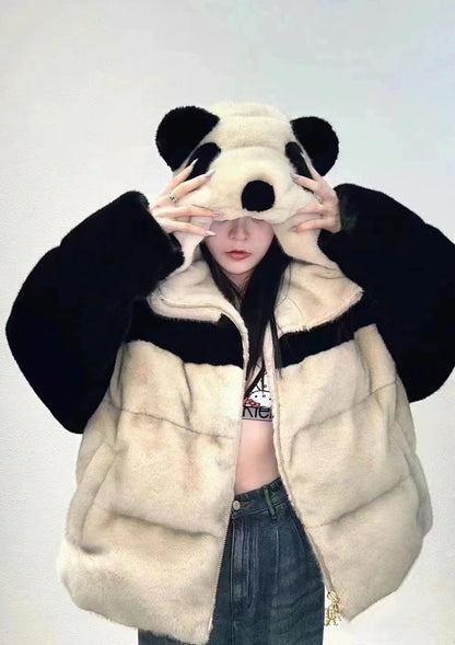 Retro Loose Youthful-looking Handmade Old Panda Hooded Down Jacket Coat For Women