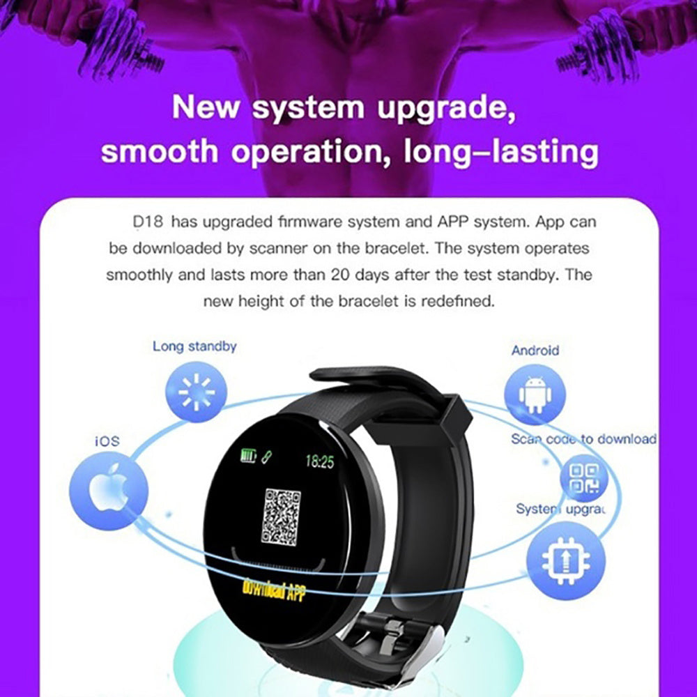 D18 Bluetooth Smart Watch ⌚, Blood Pressure Heart Rate Monitor 💓, Pedometer Sport Tracker 🏃‍♂️, Smart Band for Men & Women, Compatible with Android & IOS 📱