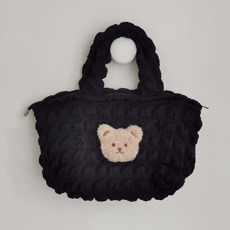 Plush Three-dimensional Teddy Bear Head Puffer Plaid Handbag